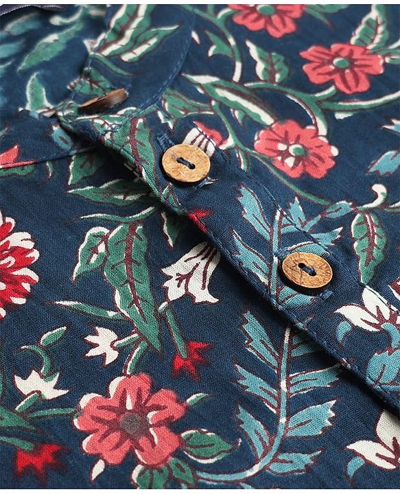 Pine Kids Cotton Woven Full Sleeves Kurta Pyjama Set With Floral Print - Navy Blue