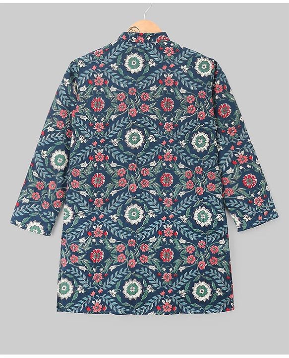 Pine Kids Cotton Woven Full Sleeves Kurta Pyjama Set With Floral Print - Navy Blue