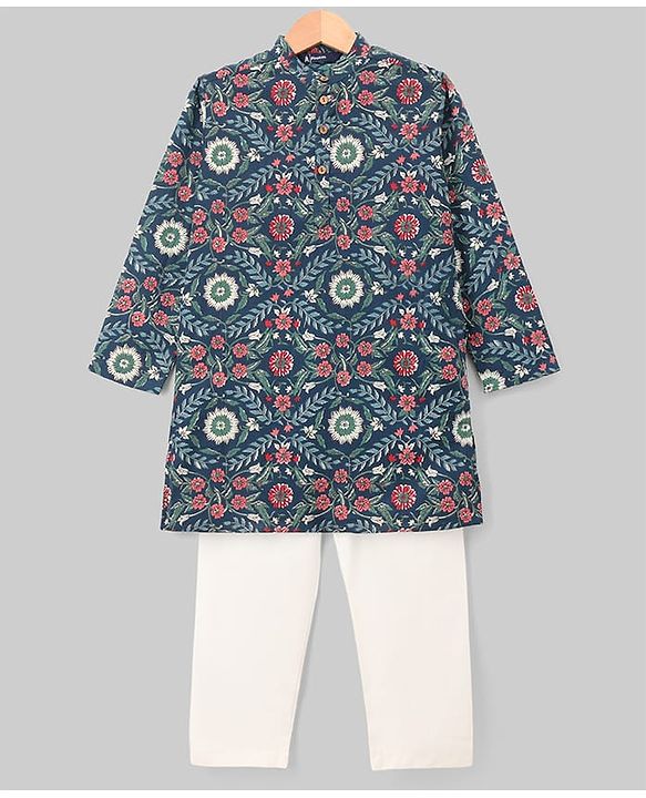 Pine Kids Cotton Woven Full Sleeves Kurta Pyjama Set With Floral Print - Navy Blue