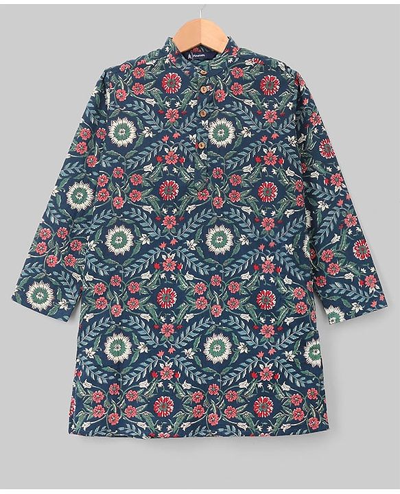 Pine Kids Cotton Woven Full Sleeves Kurta Pyjama Set With Floral Print - Navy Blue