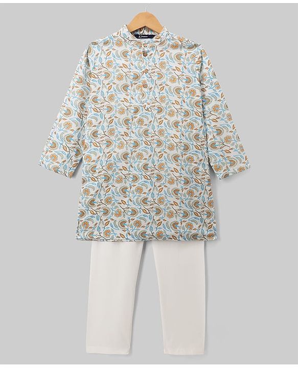 Pine Kids Cotton Woven Full Sleeves Kurta Pyjama Set With Floral Print - White