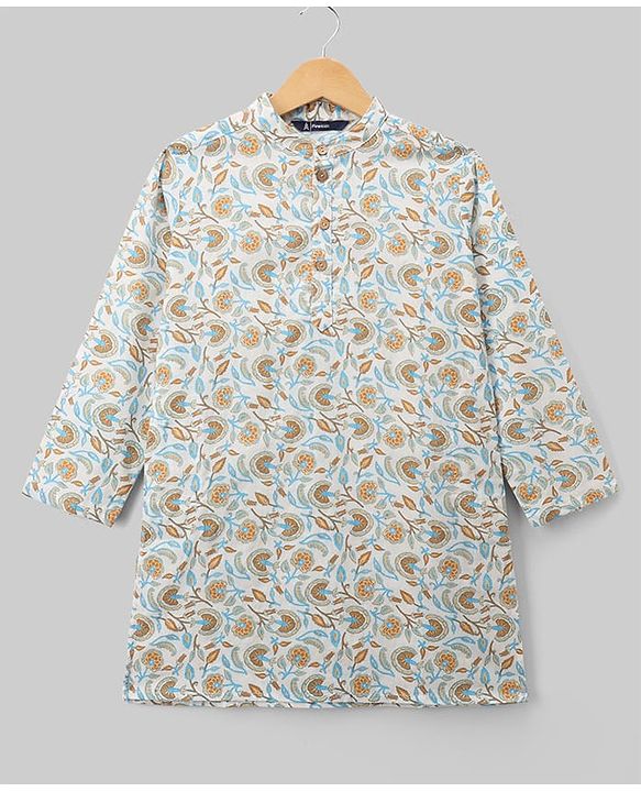 Pine Kids Cotton Woven Full Sleeves Kurta Pyjama Set With Floral Print - White
