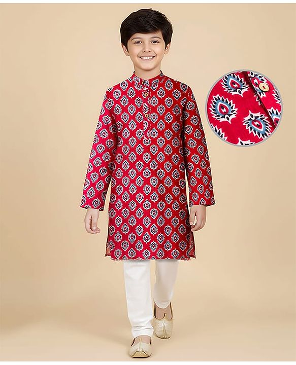 Pine Kids Cotton Woven Full Sleeves Kurta Pajama Set with Floral Print - Maroon