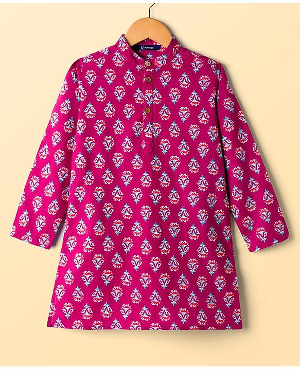 Pine Kids Cotton Woven Full Sleeves Kurta Pajama Set with Floral Print - Dark Pink