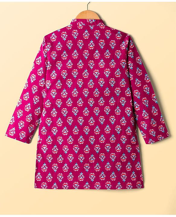Pine Kids Cotton Woven Full Sleeves Kurta Pajama Set with Floral Print - Dark Pink