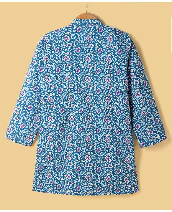 Pine Kids Cotton Woven Full Sleeves Floral Printed Kurta Pajama Set - Blue