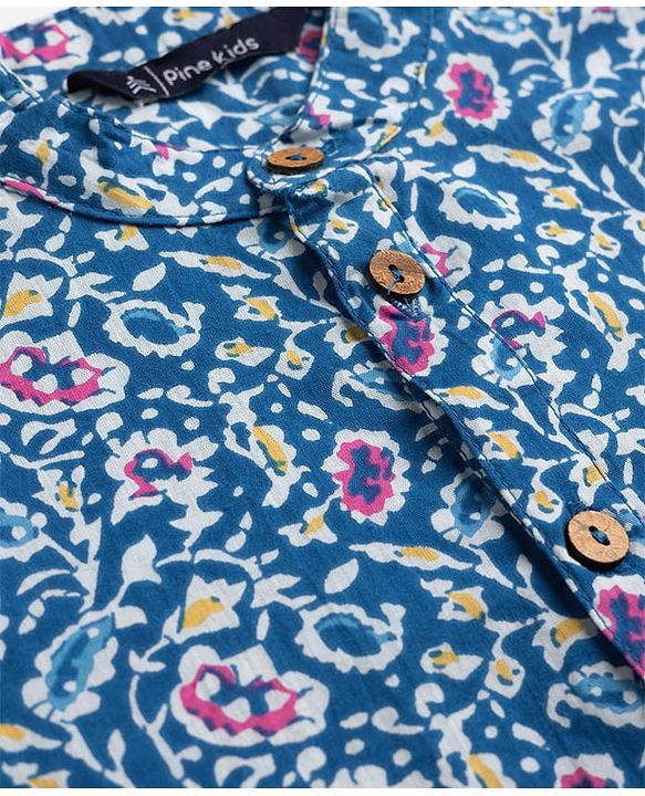 Pine Kids Cotton Woven Full Sleeves Floral Printed Kurta Pajama Set - Blue