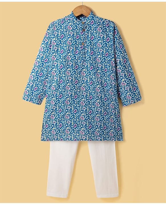 Pine Kids Cotton Woven Full Sleeves Floral Printed Kurta Pajama Set - Blue
