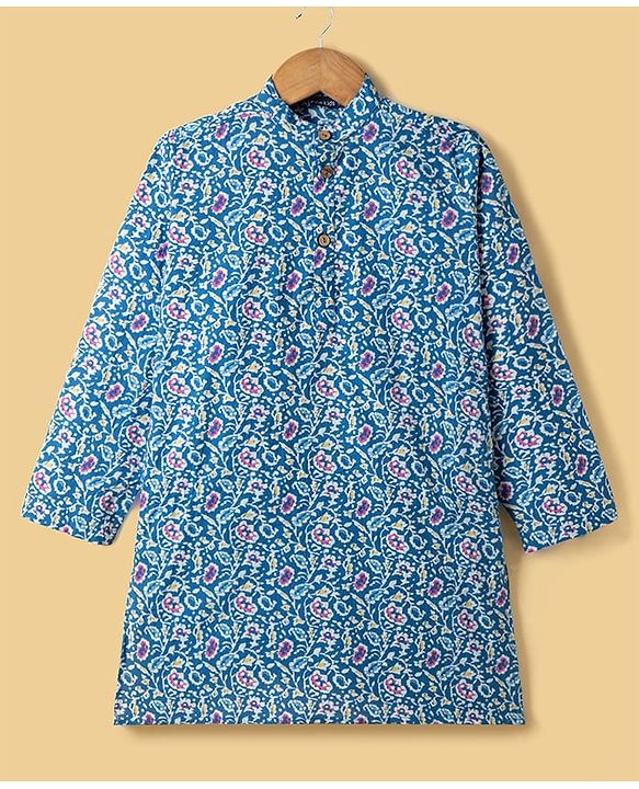 Pine Kids Cotton Woven Full Sleeves Floral Printed Kurta Pajama Set - Blue