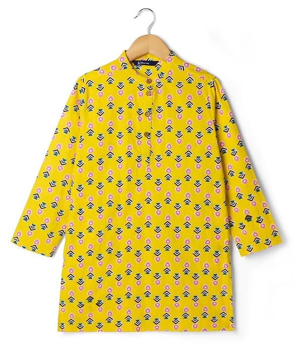 Pine Kids Cotton Woven Full Sleeves Printed Kurta - Yellow