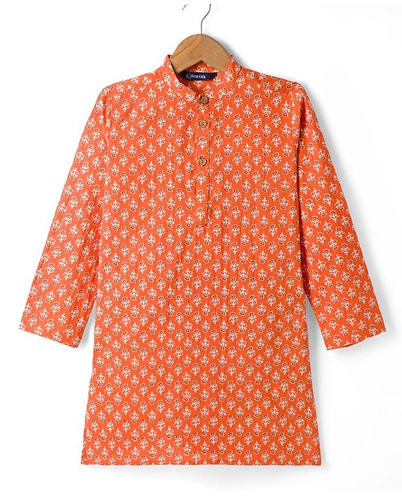 Pine Kids Cotton Woven Full Sleeves Floral Printed Kurta - Orange