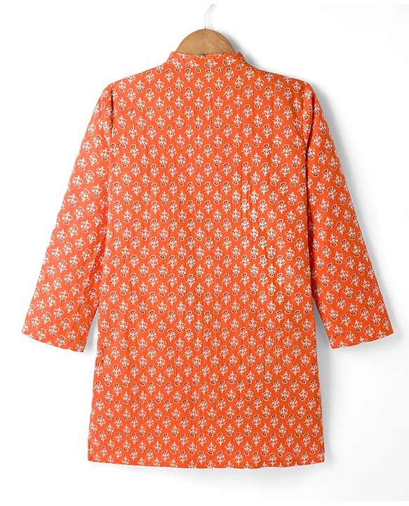 Pine Kids Cotton Woven Full Sleeves Floral Printed Kurta - Orange