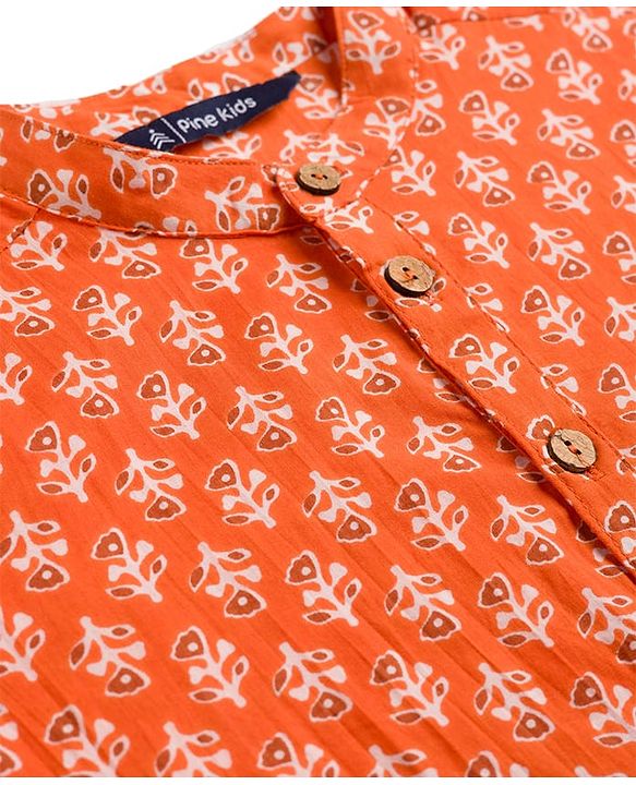 Pine Kids Cotton Woven Full Sleeves Floral Printed Kurta - Orange