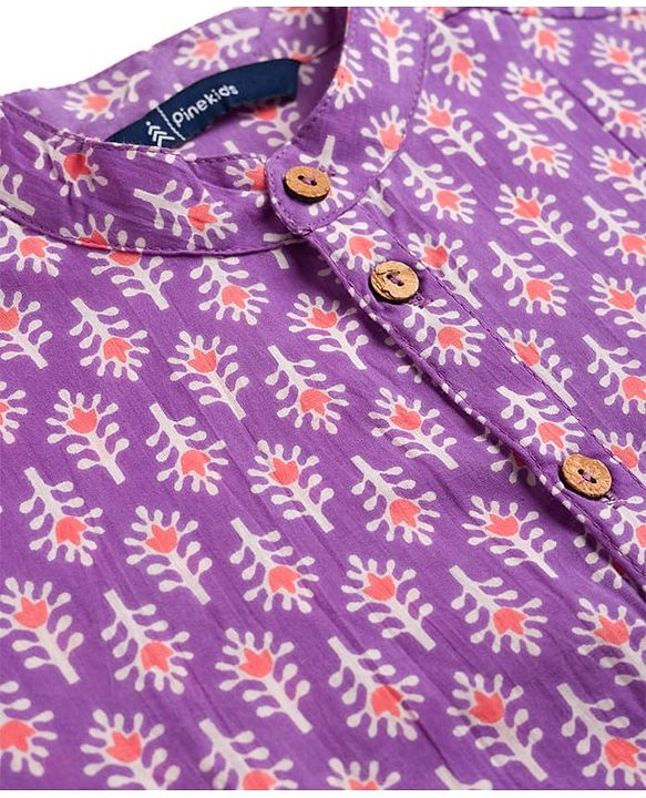 Pine Kids Cotton Woven Full Sleeves Floral Printed Kurta - Purple
