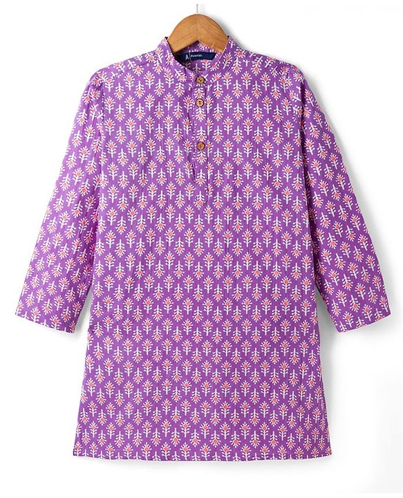 Pine Kids Cotton Woven Full Sleeves Floral Printed Kurta - Purple