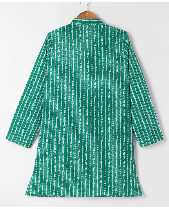 Pine Kids Cotton Woven Kurta with Full Sleeves and Striped Print - Green