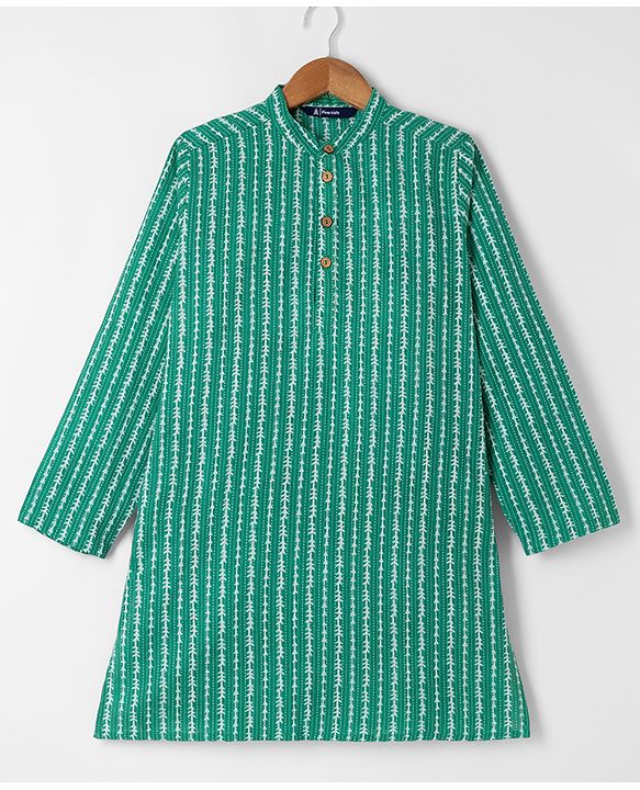 Pine Kids Cotton Woven Kurta with Full Sleeves and Striped Print - Green