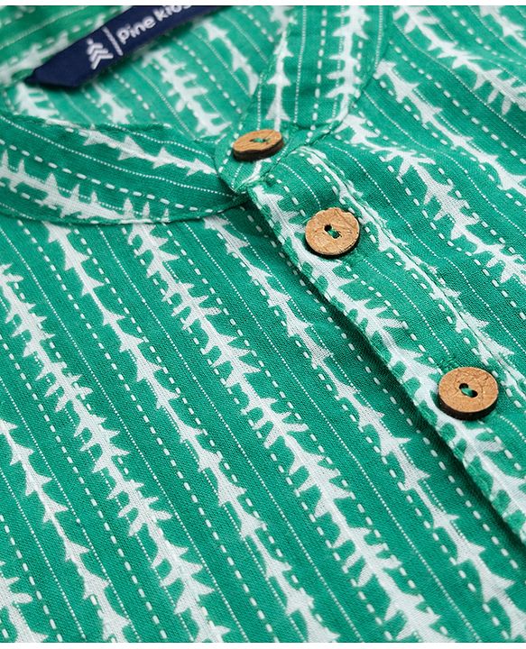Pine Kids Cotton Woven Kurta with Full Sleeves and Striped Print - Green