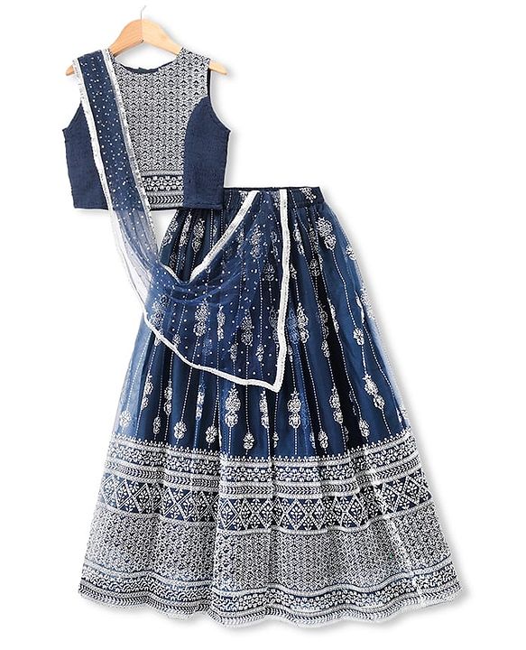 Pine Kids Woven Sleeveless Lehenga Choli Dupatta Set With Floral Print - Navy Blue