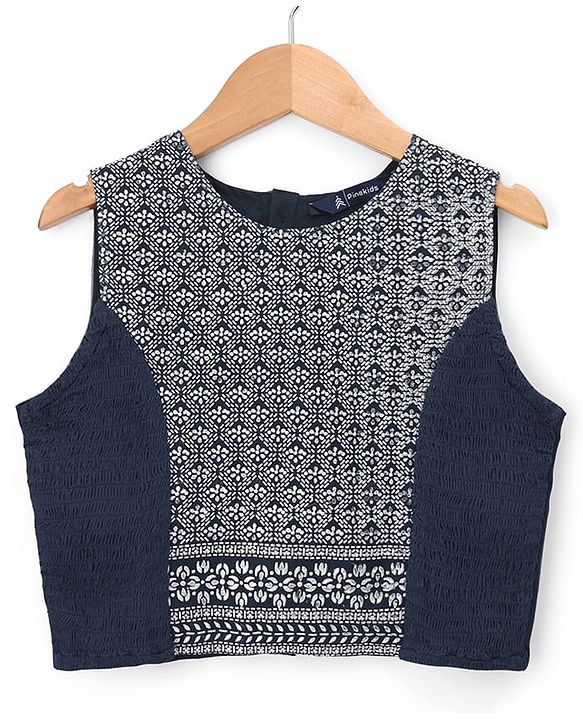 Pine Kids Woven Sleeveless Lehenga Choli Dupatta Set With Floral Print - Navy Blue