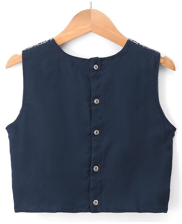 Pine Kids Woven Sleeveless Lehenga Choli Dupatta Set With Floral Print - Navy Blue
