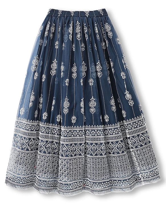 Pine Kids Woven Sleeveless Lehenga Choli Dupatta Set With Floral Print - Navy Blue