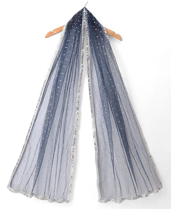 Pine Kids Woven Sleeveless Lehenga Choli Dupatta Set With Floral Print - Navy Blue