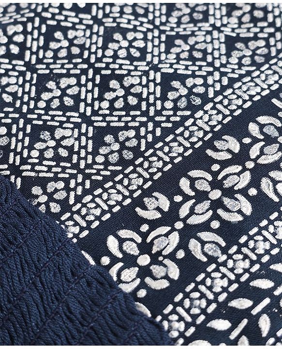 Pine Kids Woven Sleeveless Lehenga Choli Dupatta Set With Floral Print - Navy Blue