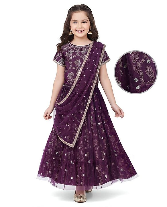 Pine Kids Woven Half Sleeves Foil Print & Floral Embroidered Lehenga Choli With Dupatta - Wine