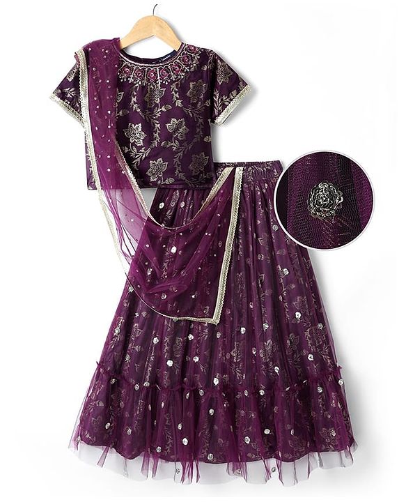 Pine Kids Woven Half Sleeves Foil Print & Floral Embroidered Lehenga Choli With Dupatta - Wine