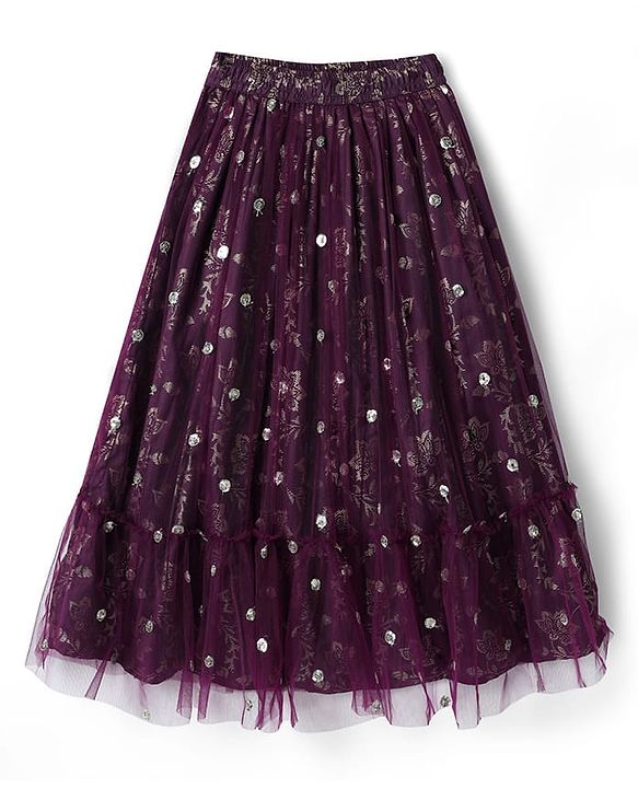 Pine Kids Woven Half Sleeves Foil Print & Floral Embroidered Lehenga Choli With Dupatta - Wine