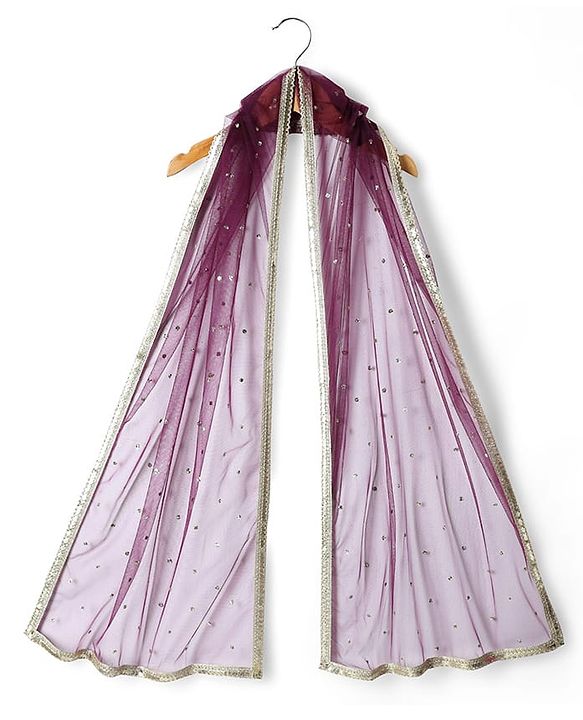 Pine Kids Woven Half Sleeves Foil Print & Floral Embroidered Lehenga Choli With Dupatta - Wine