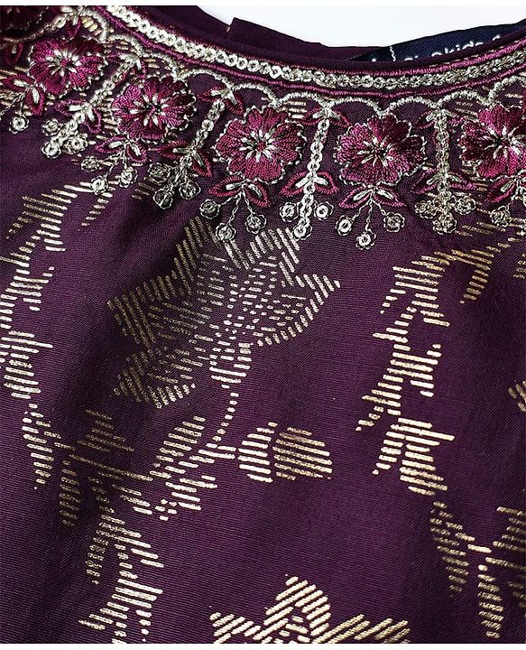Pine Kids Woven Half Sleeves Foil Print & Floral Embroidered Lehenga Choli With Dupatta - Wine