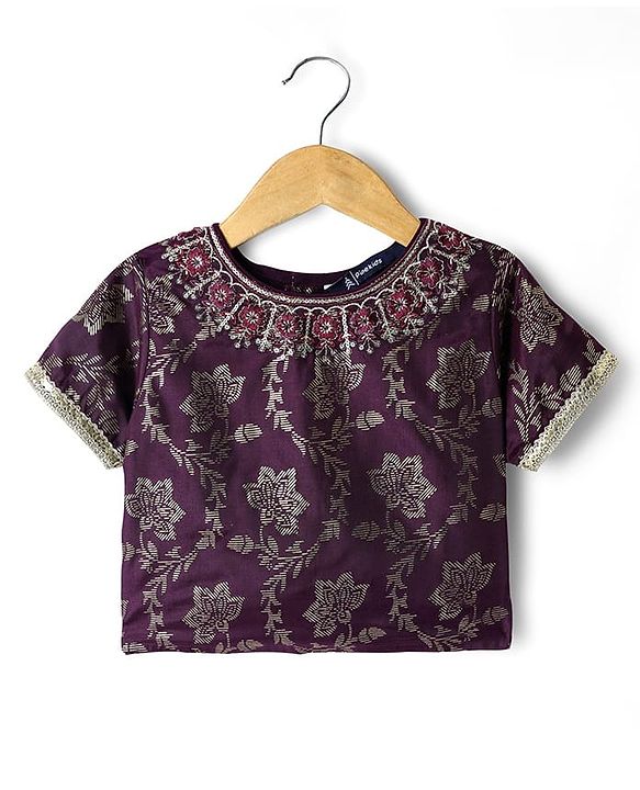Pine Kids Woven Half Sleeves Foil Print & Floral Embroidered Lehenga Choli With Dupatta - Wine