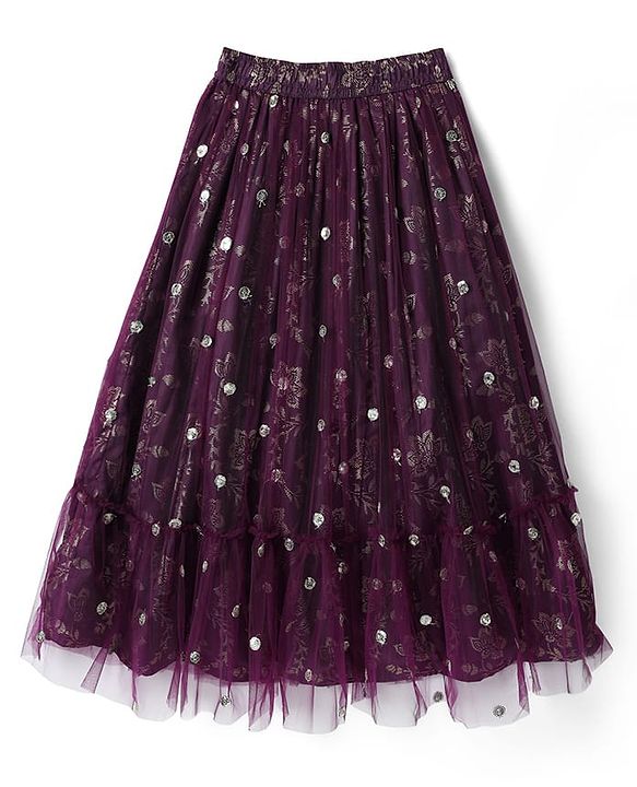 Pine Kids Woven Half Sleeves Foil Print & Floral Embroidered Lehenga Choli With Dupatta - Wine