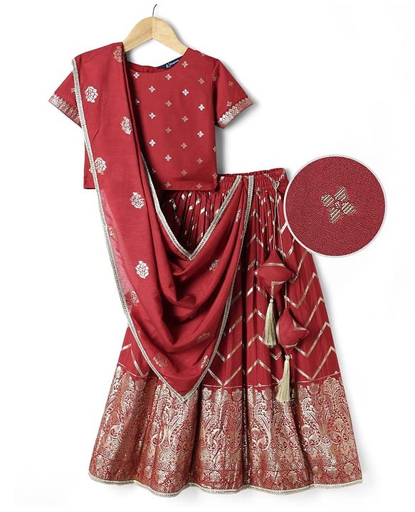 Pine Kids Woven Half Sleeves Floral Designed Choli Lahenga Set with Dupatta - Dark Red