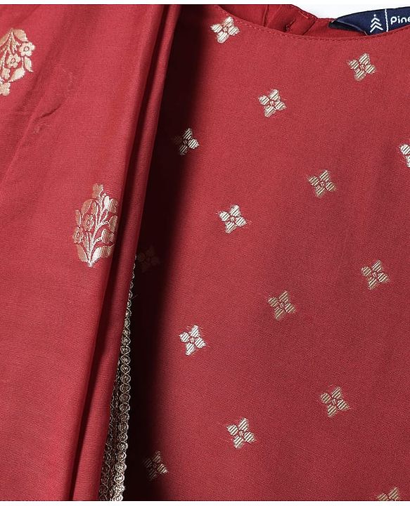 Pine Kids Woven Half Sleeves Floral Designed Choli Lahenga Set with Dupatta - Dark Red