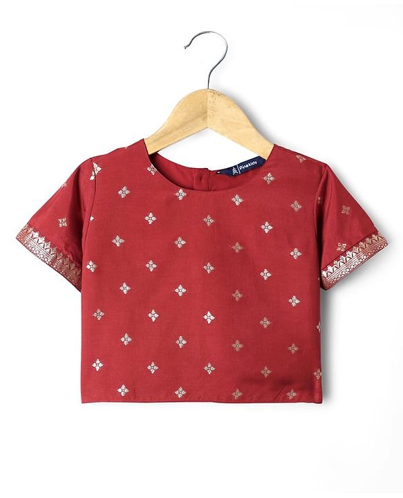 Pine Kids Woven Half Sleeves Floral Designed Choli Lahenga Set with Dupatta - Dark Red