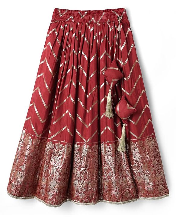 Pine Kids Woven Half Sleeves Floral Designed Choli Lahenga Set with Dupatta - Dark Red