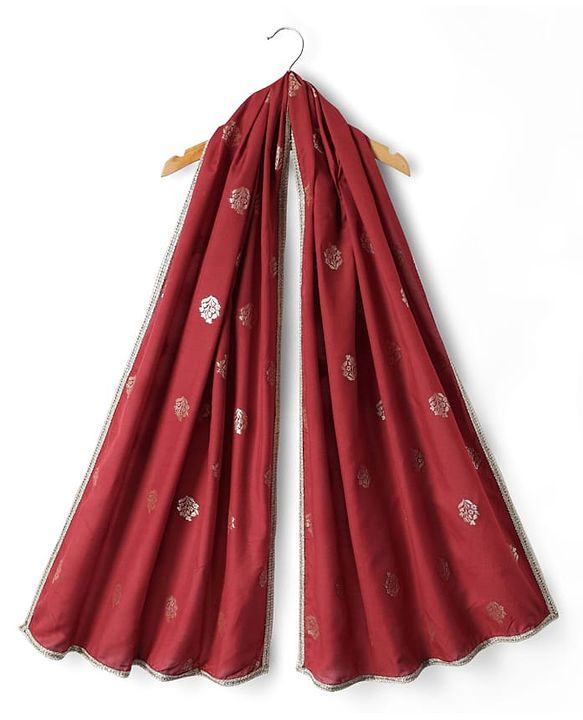 Pine Kids Woven Half Sleeves Floral Designed Choli Lahenga Set with Dupatta - Dark Red