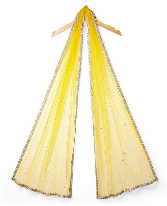 Pine Kids Woven Half Sleeves Lehenga Choli & Dupatta Set With Floral Zari Work - Yellow & Dark Green