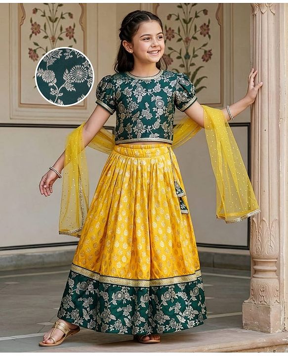 Pine Kids Woven Half Sleeves Lehenga Choli & Dupatta Set With Floral Zari Work - Yellow & Dark Green