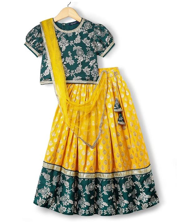 Pine Kids Woven Half Sleeves Lehenga Choli & Dupatta Set With Floral Zari Work - Yellow & Dark Green