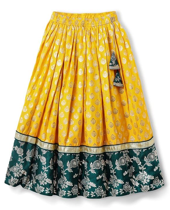 Pine Kids Woven Half Sleeves Lehenga Choli & Dupatta Set With Floral Zari Work - Yellow & Dark Green