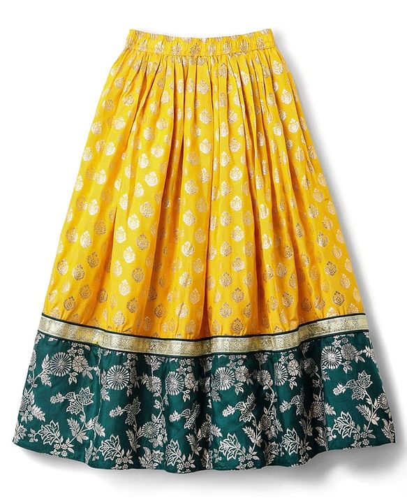 Pine Kids Woven Half Sleeves Lehenga Choli & Dupatta Set With Floral Zari Work - Yellow & Dark Green