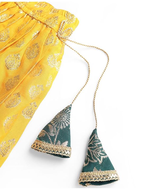 Pine Kids Woven Half Sleeves Lehenga Choli & Dupatta Set With Floral Zari Work - Yellow & Dark Green