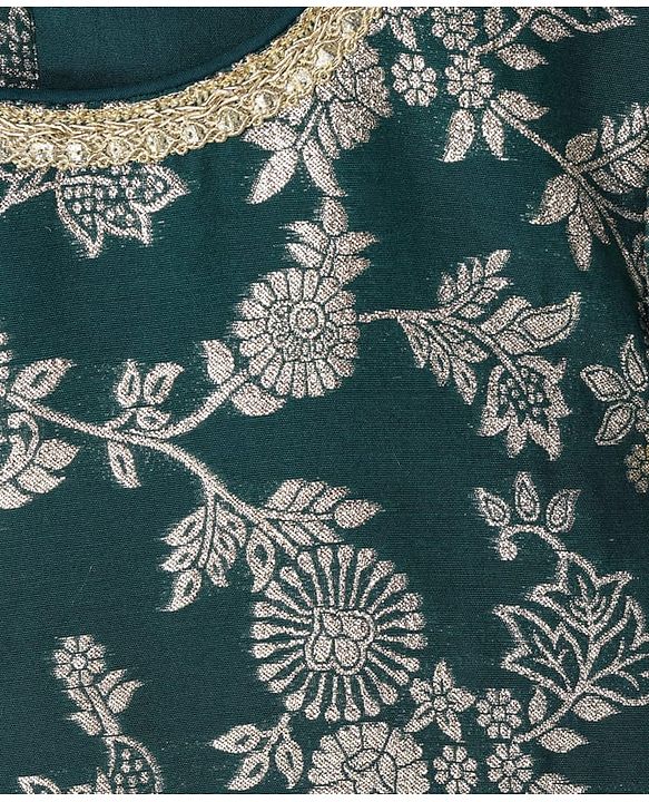 Pine Kids Woven Half Sleeves Lehenga Choli & Dupatta Set With Floral Zari Work - Yellow & Dark Green