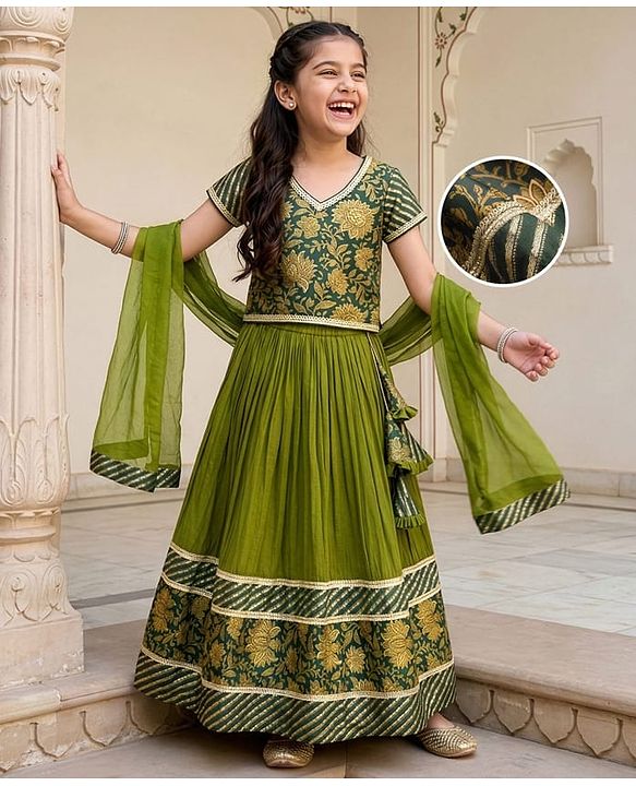 Pine Kids Woven Half Sleeves Lehenga Choli & Dupatta Set With Floral Print & Lace Detailing - Olive Green