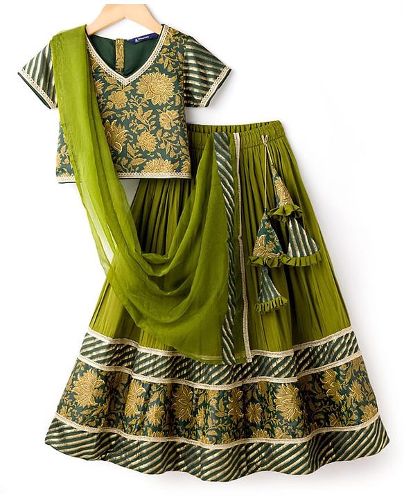 Pine Kids Woven Half Sleeves Lehenga Choli & Dupatta Set With Floral Print & Lace Detailing - Olive Green