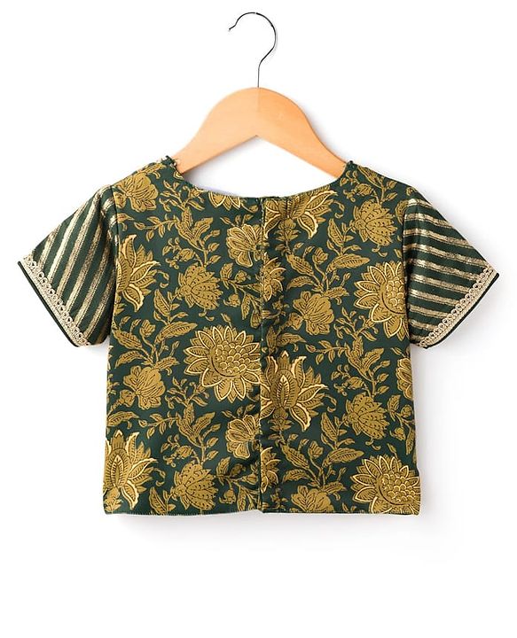 Pine Kids Woven Half Sleeves Lehenga Choli & Dupatta Set With Floral Print & Lace Detailing - Olive Green